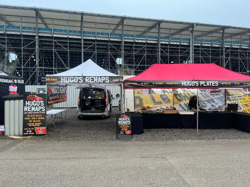 Hugo's Remaps gazebo and van at a race circuit