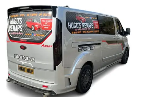 The Hugo's Remaps Ford Transit Custom van in its silver and carbon livery